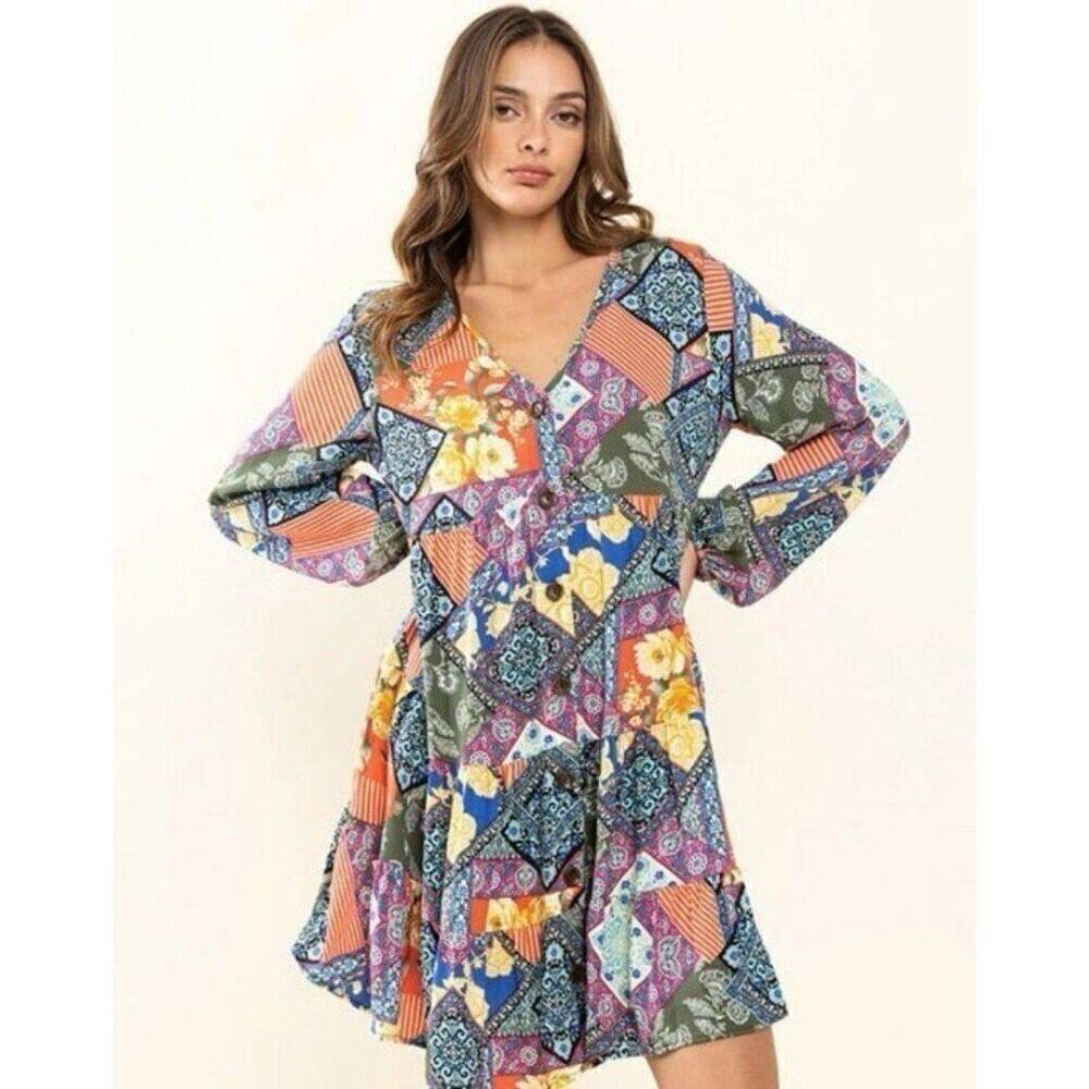 Ces femme Women Small Artsy Folksy Bohemian Patchwork Colorful Fall Chic Dress